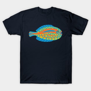 TROPICAL ZONE SINGLE SPOTTED FISH Coral Reef Undersea Ocean Sea Creatures in Bright Multi-Colours on Dark Teal Blue - UnBlink Studio by Jackie Tahara T-Shirt